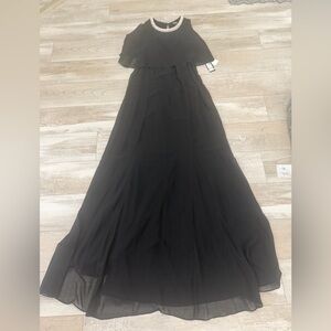 SLNY Elegant Black Sleeveless Dress with pearl accent